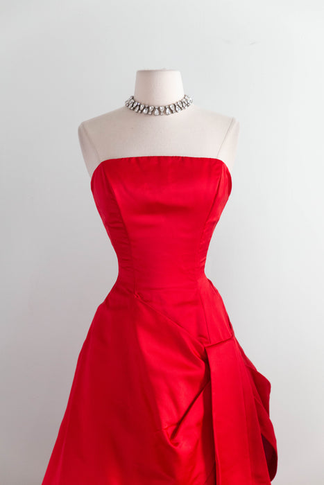 Iconic 1950's Cherry Red Silk Satin Demi Couture Evening Dress By Estevez / S