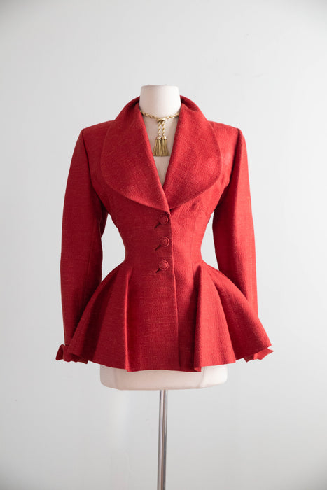 Iconic Early 1950's Lilli Ann Nipped Waist Jacket In Crimson Red / SM