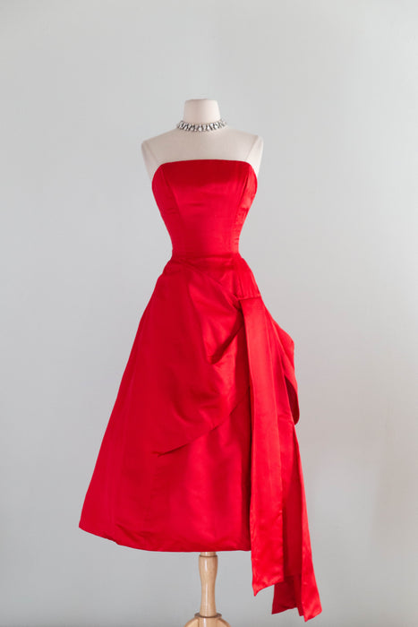 Iconic 1950's Cherry Red Silk Satin Demi Couture Evening Dress By Estevez / S