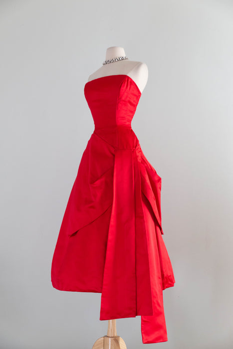 Iconic 1950's Cherry Red Silk Satin Demi Couture Evening Dress By Estevez / S