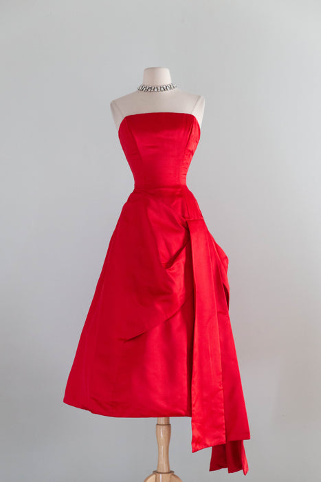 Iconic 1950's Cherry Red Silk Satin Demi Couture Evening Dress By Estevez / S