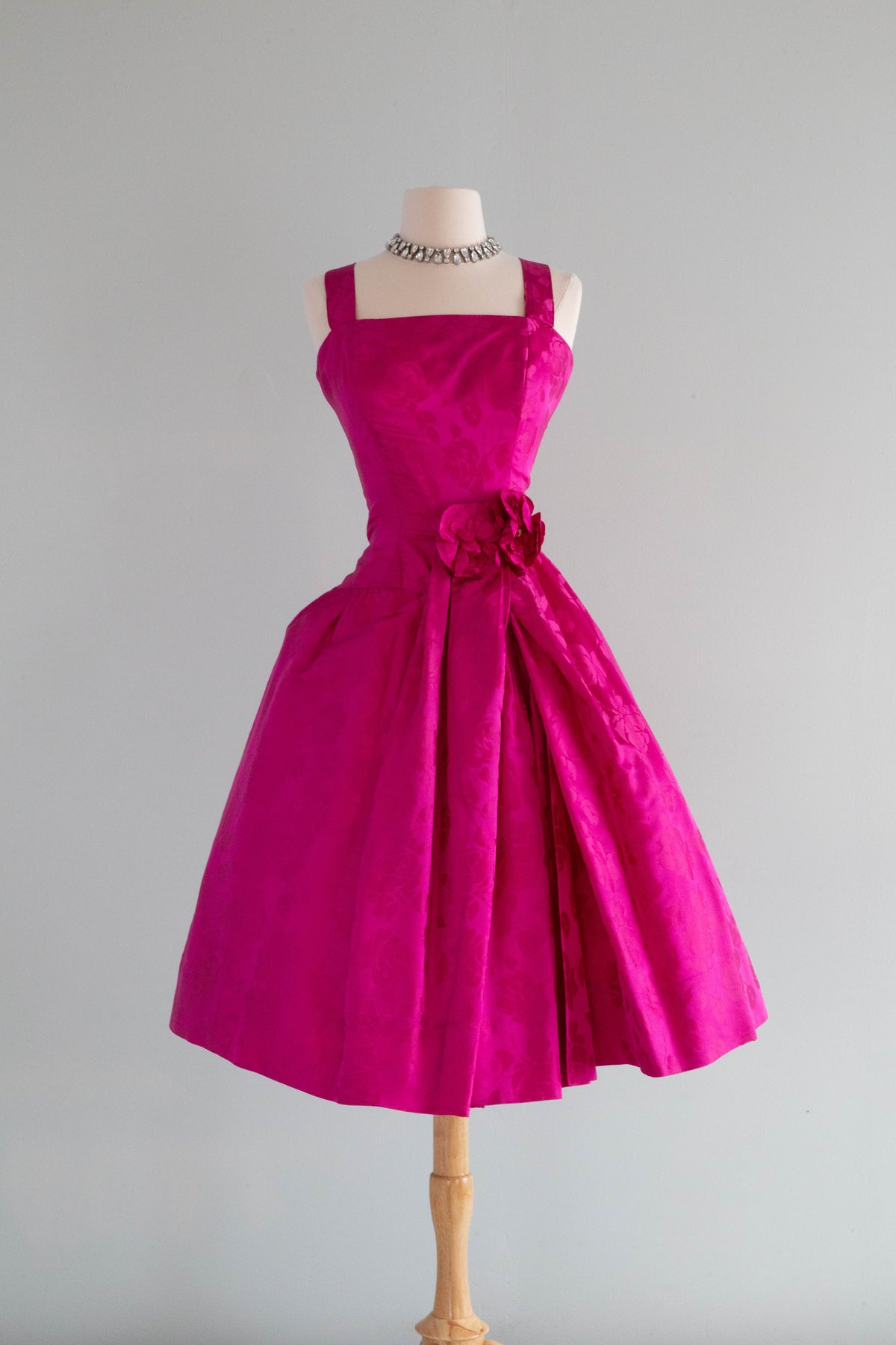 Shocking Pink 1950's Silk Brocade Evening Dress By Suzy Perette