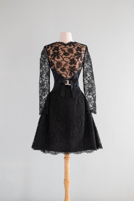 1960's black cocktail dress 1960s Black Party Dress: Vintage Shannon Rodgers Wool Blend Fit & Flare