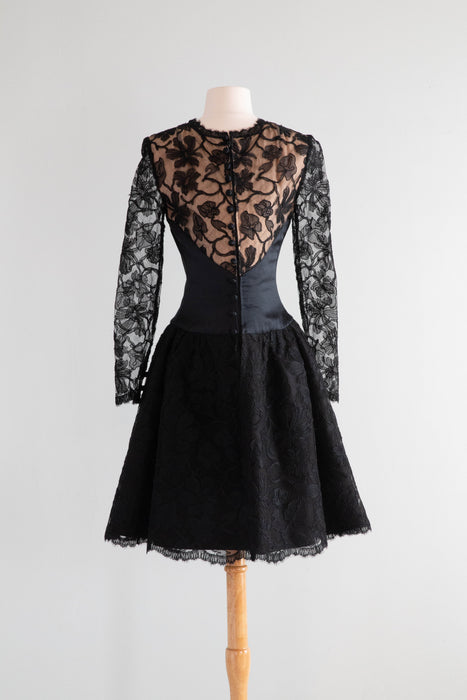 Glamorous 1960's Patullo Jo-Copeland Black Silk & Lace Cocktail Dress / Med.
