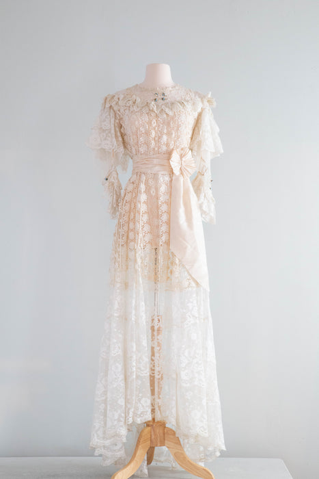 irish crochet wedding dress 1908 Edwardian Couture White Irish Crochet Lace & Sheer Net Bridal Gow