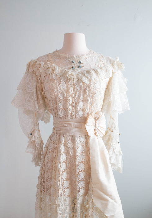 Rare Romantic Edwardian Crochet Lace Wedding Gown / Medium