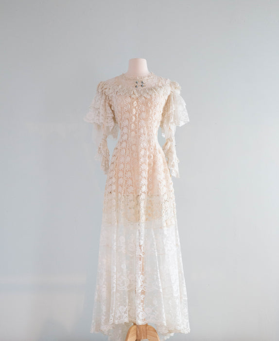 Rare Romantic Edwardian Crochet Lace Wedding Gown / Medium