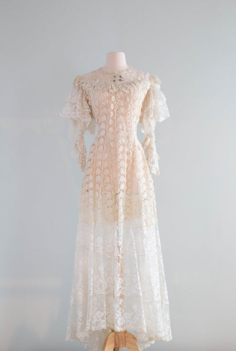 Rare Romantic Edwardian Crochet Lace Wedding Gown / Medium
