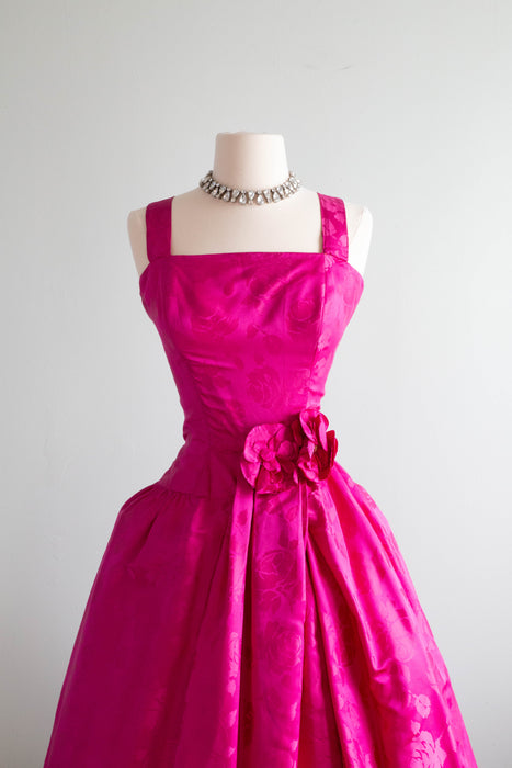 Shocking Pink 1950's Silk Brocade Evening Dress By Suzy Perette / Small