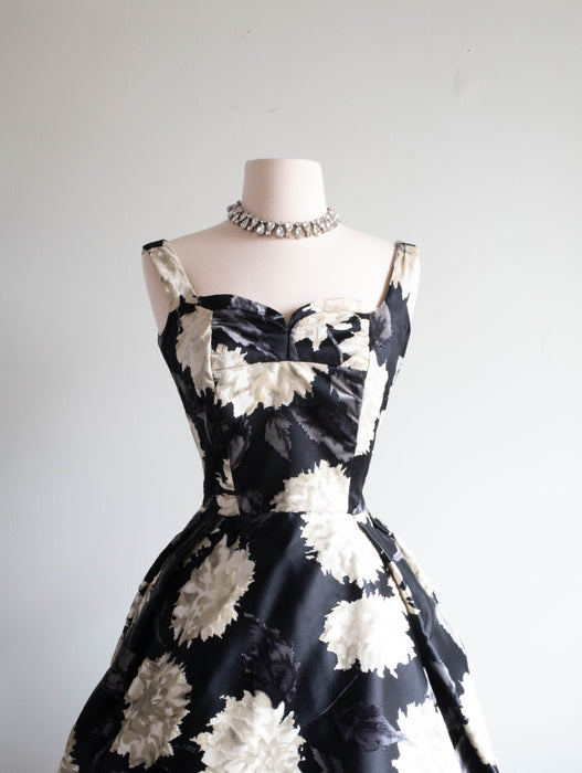 Vintage 1950's Lillie Rubin Silk Cut Velvet Black & White Peony Cocktail Dress / Medium
