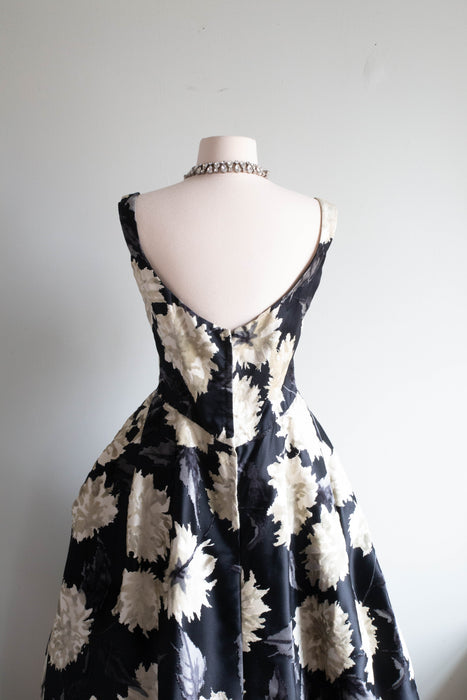 Vintage 1950's Lillie Rubin Silk Cut Velvet Black & White Peony Cocktail Dress / Medium