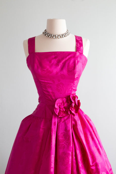 Shocking Pink 1950's Silk Brocade Evening Dress By Suzy Perette / Small