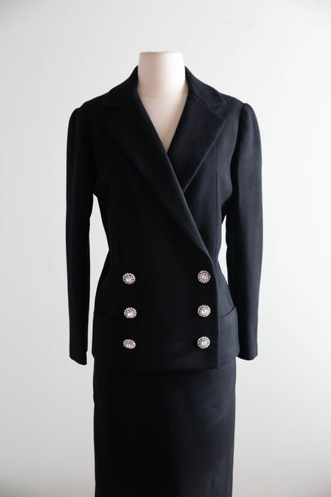 Exceptionally Chic 1960's Two Piece Black Wool Suit Dress By Norman Norell  / M