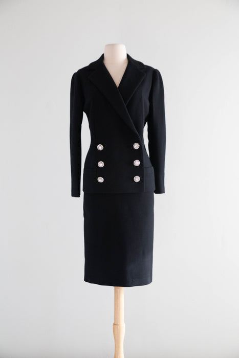 Exceptionally Chic 1960's Two Piece Black Wool Suit Dress By Norman Norell  / M