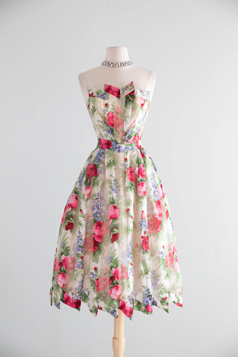 Exquisite 1950's Anna Maria Fanucchi Italian Couture Party Dress In a Bucolic Silk Rose Print / S