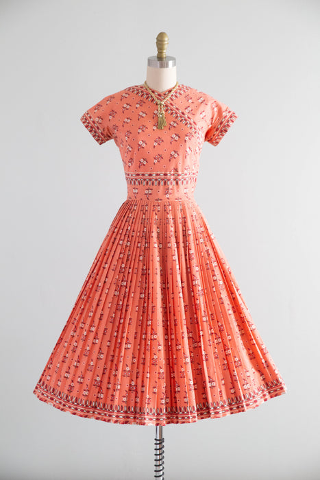 Documented 1954 Carolyn Schnurer Saree Print Cotton Day Dress / Small