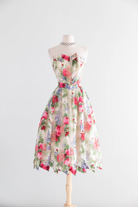 Exquisite 1950's Anna Maria Fanucchi Italian Couture Party Dress In a Bucolic Silk Rose Print / S