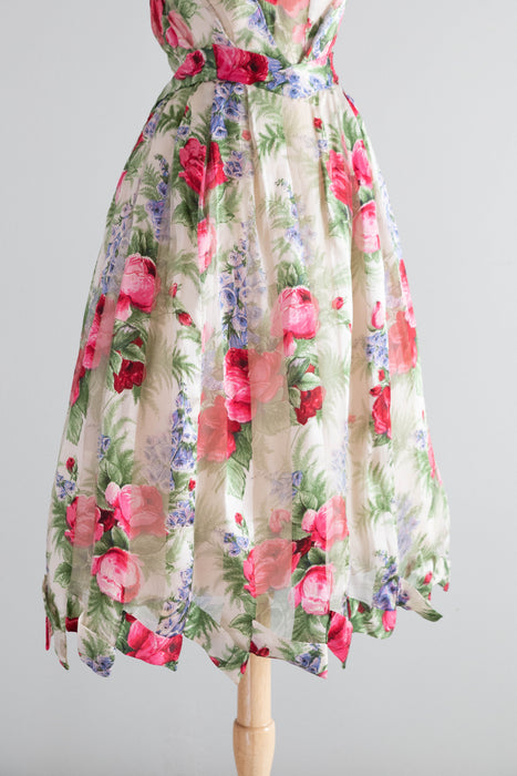 Exquisite 1950's Anna Maria Fanucchi Italian Couture Party Dress In a Bucolic Silk Rose Print / S