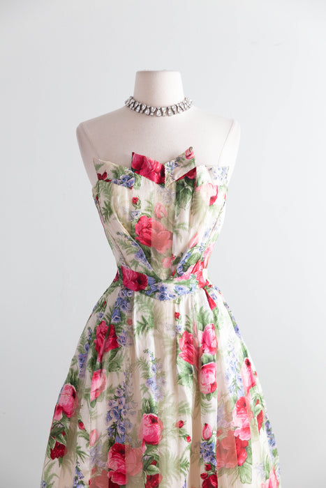 Exquisite 1950's Anna Maria Fanucchi Italian Couture Party Dress In a Bucolic Silk Rose Print / S