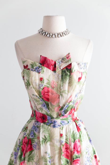Exquisite 1950's Anna Maria Fanucchi Italian Couture Party Dress In a Bucolic Silk Rose Print / S