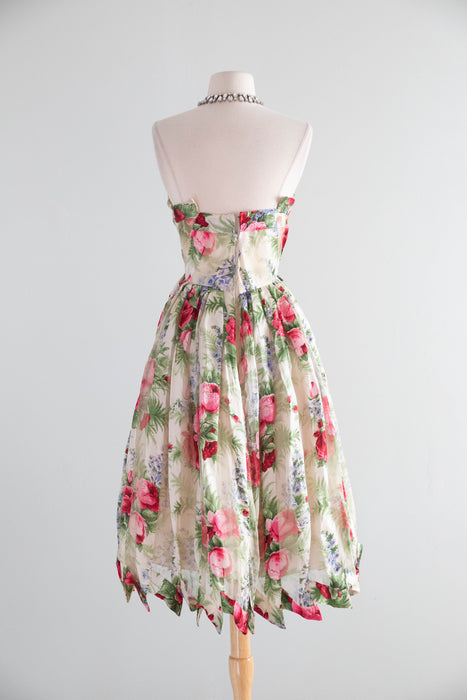 Exquisite 1950's Anna Maria Fanucchi Italian Couture Party Dress In a Bucolic Silk Rose Print / S