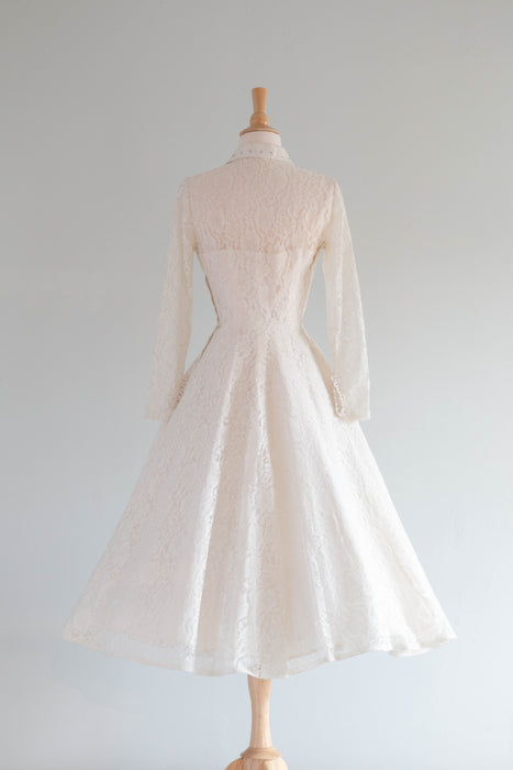 white tea dress Timeless 1950's Chantilly Lace Tea Length Wedding Dress Peter Pan Coll – Xtabay Vintage