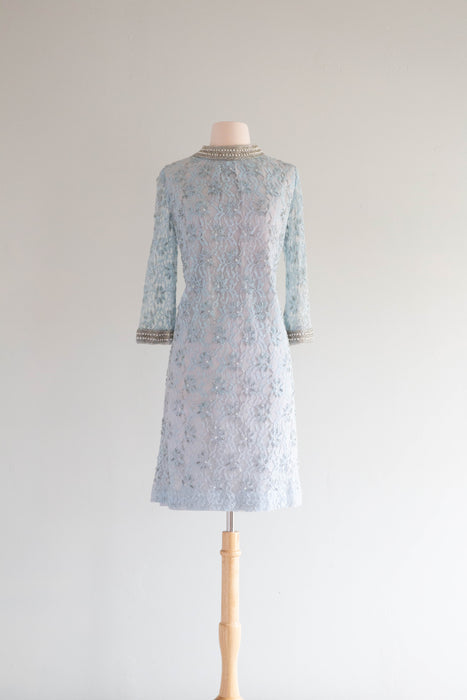 *Something Blue* Elegant 1960's Beaded Lace Mod Shift Dress / M