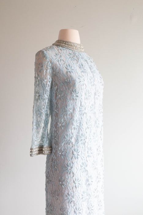 *Something Blue* Elegant 1960's Beaded Lace Mod Shift Dress / M