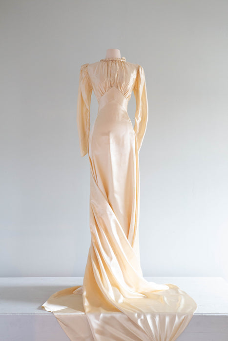 Gleaming 1930's Slipper Satin Champagne Wedding Gown With Long Train / – Xtabay Vintage Gleaming 1930's Slipper Satin Champagne Wedding Gown With Long Train / – Xtabay Vintage