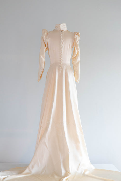 Gleaming 1930's Slipper Satin Champagne Wedding Gown With Long Train / – Xtabay Vintage Gleaming 1930's Slipper Satin Champagne Wedding Gown With Long Train / – Xtabay Vintage