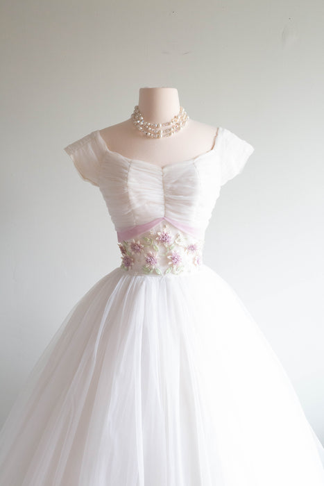 Dream Come True 1950's Sugar Spun White Party Dress With Lavender Accents / Small