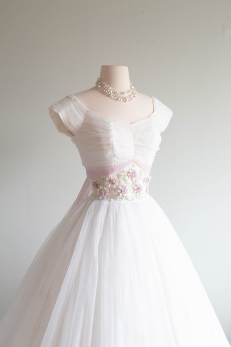 Dream Come True 1950's Sugar Spun White Party Dress With Lavender Accents / Small