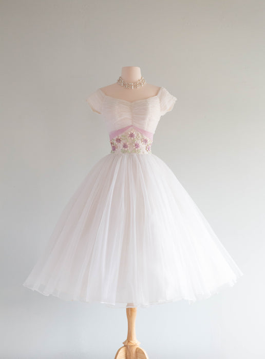 Dream Come True 1950's Sugar Spun White Party Dress With Lavender Accents / Small