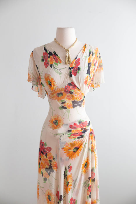 Beautiful Late 1930's Ivory Chiffon Floral Print Gown / SM