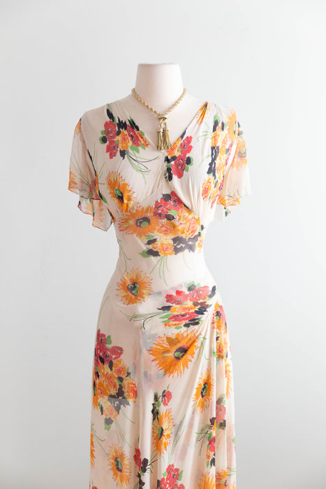 Beautiful Late 1930's Ivory Chiffon Floral Print Gown / SM