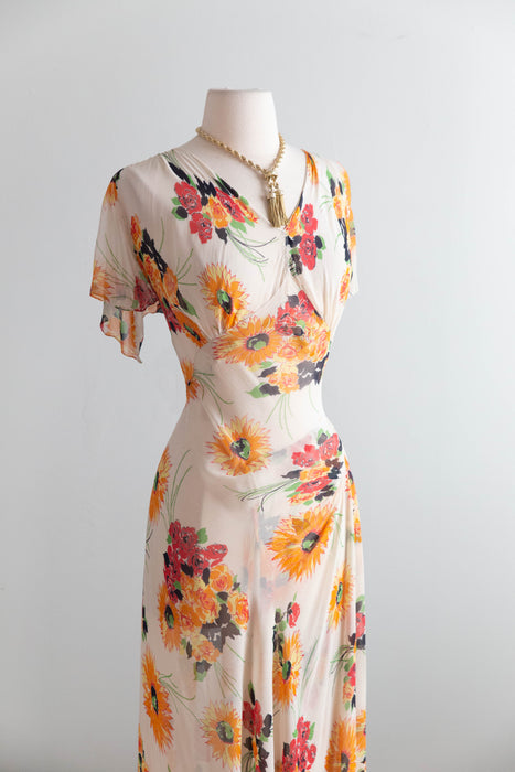 Beautiful Late 1930's Ivory Chiffon Floral Print Gown / SM