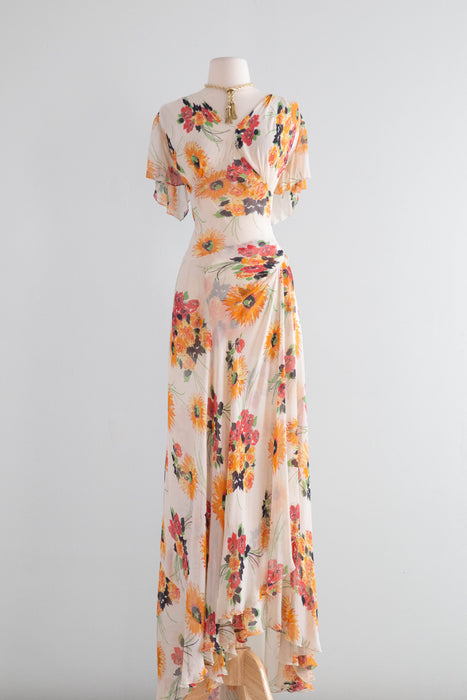 Beautiful Late 1930's Ivory Chiffon Floral Print Gown / SM