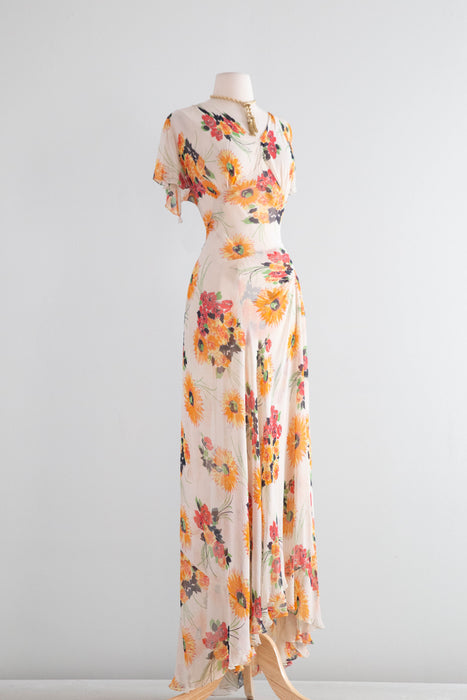 Beautiful Late 1930's Ivory Chiffon Floral Print Gown / SM