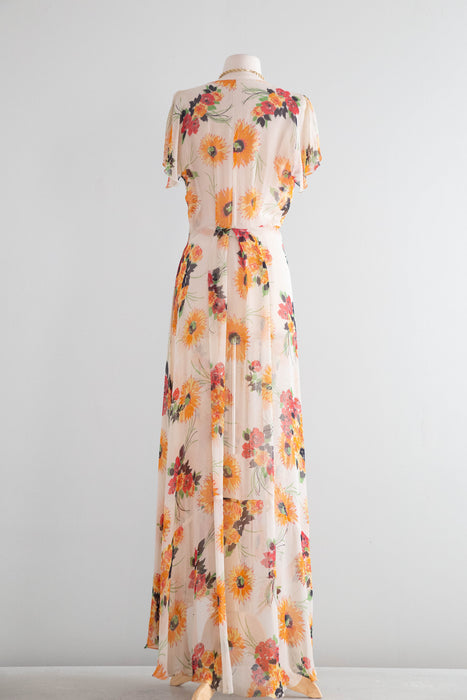 Beautiful Late 1930's Ivory Chiffon Floral Print Gown / SM