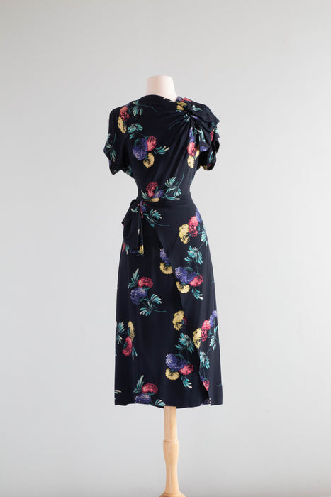 Fabulous 1940's Rayon Floral Print Dress By Lora Lenox / Medium