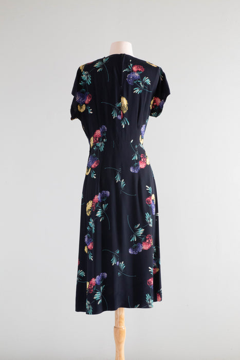 Fabulous 1940's Rayon Floral Print Dress By Lora Lenox / Medium