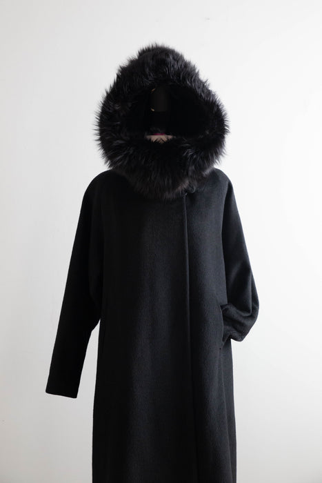 Spectacular 1950's Black Hooded Cocoon Coat With Velvet Lining / M