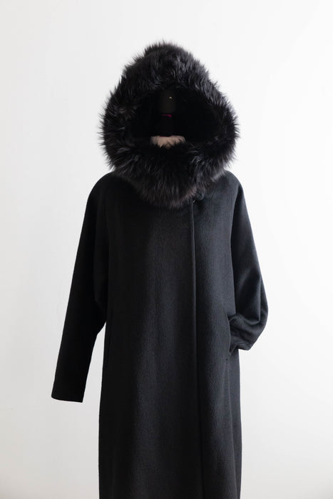 Spectacular 1950's Black Hooded Cocoon Coat With Velvet Lining / M