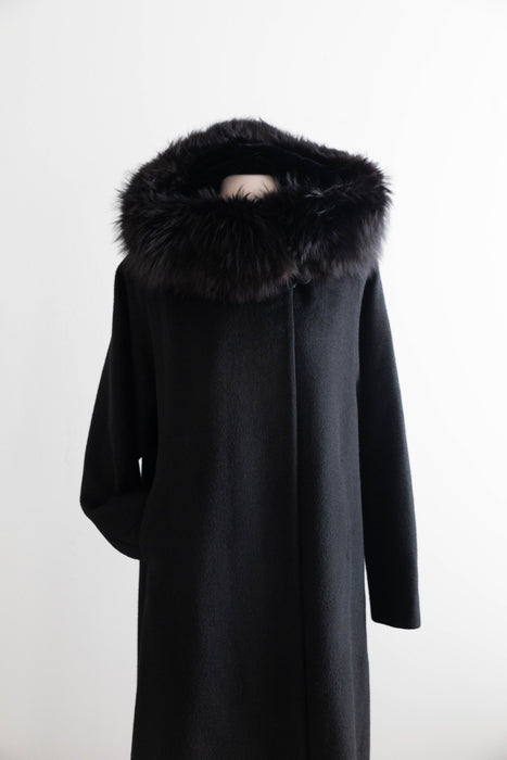 Spectacular 1950's Black Hooded Cocoon Coat With Velvet Lining / M