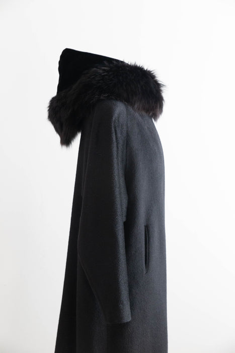 Spectacular 1950's Black Hooded Cocoon Coat With Velvet Lining / M