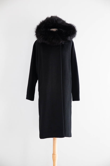Spectacular 1950's Black Hooded Cocoon Coat With Velvet Lining / M