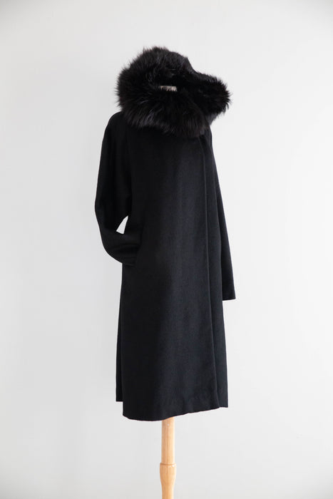 Spectacular 1950's Black Hooded Cocoon Coat With Velvet Lining / M