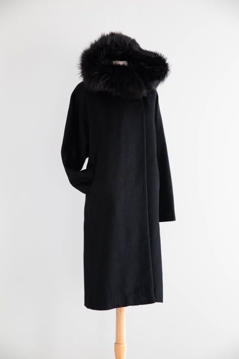 Spectacular 1950's Black Hooded Cocoon Coat With Velvet Lining / M