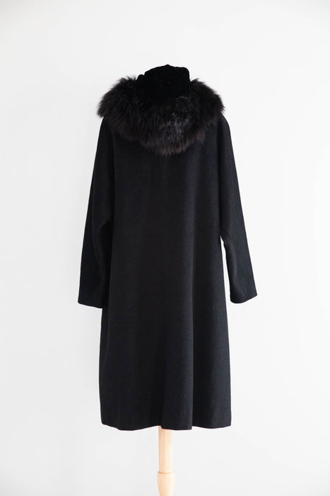 Spectacular 1950's Black Hooded Cocoon Coat With Velvet Lining / M