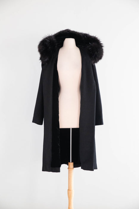 Spectacular 1950's Black Hooded Cocoon Coat With Velvet Lining / M